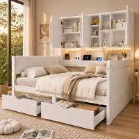 STILVORA Kinderbett 90x200 cm mit LED-Beleuchtung und USB-Ladeanschlüssen, Stauraumbett mit Schubladen und Polyurethangepolstertem Kopfteil, Tagesbett mit Regalen und Schränken