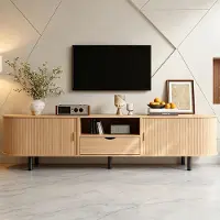 Merax TV Lowboard Rundform mit Rollo-Tür, TV-Schrank mit Schublade und offenen Fächern, modernes TV-Board mit Kabeldurchlässe aus MDF, Natur