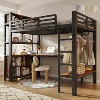 ALFORIGO Hochbett 90 x 200 cm mit Schreibtisch, Kleiderstange, Regalen und Staufächern, Metall und MDF, Schutzgeländer, Schwarz