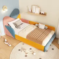 Ulife Kinderbett mit Seitenschutz und gepolstertem Kopfteil, weiches Design für sicheres Schlafen, ideales Einzelbett für Kinderzimmer - Blue+Multi，Größe 90x200 cm
