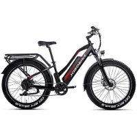 Jobobike Robin ST - E-Fatbike inkl. Kettenschloss - 26 Zoll - 250W Motor - 120 km Reichweite - 7-Gang - Mechanische Scheibenbremsen - 624Wh Akku - Tiefeinsteiger - Federgabel - Schwarz/Rot