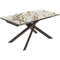 STONES Ausziehbarer Kreuztisch 160-240 x 90 cm mit Calacatta Borghini Marmor-Keramikplatte und bronzefarbenen Metallbeinen – Modernes Design