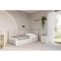 ALTDECOR Jugendbett mit Bettkasten MULY - 90x200 - Beige - Casablanca 2301 - Bett mit Matratze - Links angeordnet - Einzelbett mit Stauraum - Polsterbett Kinderbett