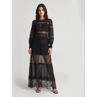 Twinset für Damen. 262TT2630 Langes Kleid aus Georgette und schwarzer Spitze (44), Party, Viskose, Langarm