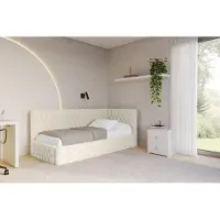 ALTDECOR Jugendbett mit Bettkasten MULY - 100x200 - Beige - Quelle 02 - Bett mit Matratze - Links angeordnet - Einzelbett mit Stauraum - Polsterbett Kinderbett