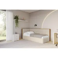 ALTDECOR Jugendbett mit Bettkasten SOVY - 80x200 - Dunkelbeige - Quelle 06 - Rechts angeordnet - Einzelbett mit Stauraum - Polsterbett Kinderbett