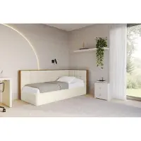 ALTDECOR Jugendbett mit Bettkasten SOVY - 80x200 - Beige - Quelle 02 - Links angeordnet - Einzelbett mit Stauraum - Polsterbett Kinderbett