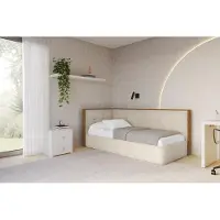 ALTDECOR Jugendbett mit Bettkasten SOVY - 80x200 - Beige - Monolith 04 - Rechts angeordnet - Einzelbett mit Stauraum - Polsterbett Kinderbett