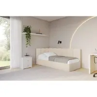 ALTDECOR Jugendbett mit Bettkasten DEXY - 80x200 - Beige - Poso 105 - Rechts angeordnet - Einzelbett mit Stauraum - Polsterbett Kinderbett