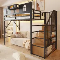 ALFORIGO Metall-Hochbett 90 x 200 cm mit Stauraumleiter, Lichtleiste, Ablagefach, erhöhtem Seitengitter und offenem Unterbettbereich, Schwarz