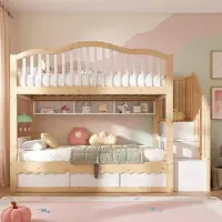MODFU Kinder Etagenbett 90x200 Hochbett mit Treppe, Sicherheitsgeländer und Stauraum, Modernes Kinderbett mit Ablagefächern,Weiß Holzoptik(ohne Matratze)