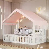 OKWISH Kinderbett 90×200 mit Bücherregal und LED, Hausbett mit Sicherheitsgitter und Baldachin, Einzelbett in Weiß,ohne Matratze
