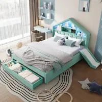 MODFU Kinderbett 140 x 200 gepolstertes Hausbett mit Rutsche links/rechts montierbar, Jugendbett mit LED und Bettkasten,ohne Matratze,Blaugrün