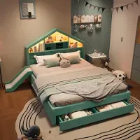 ALFORIGO Kinderbett 140x200 cm mit Rutsche, LED und Ladeanschluss, gepolstertes Hausbett als Jugendbett in Blaugrün mit Kopfteilfächern und Bettkasten