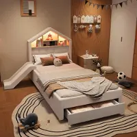 STILVORA Kinderbett 90x200 cm mit Rutsche und LED-Beleuchtung, Hausbett mit Ladeanschluss und Kopfteil-Regal, Polsterbett mit großem Bettkasten
