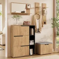 OKWISH Garderoben-Set mit Schuhschrank und Schuhbank, Viel Stauraum,Eingangsschrank mit Spiegel und Ablage, Natur
