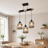 Lapamax Pendelleuchte Esstisch 3-Flammig Rattan, Esstischlampe Höhenverstellbar mit E27 LED Leuchtmittel, Industrial Hängelampe für Küche Esszimmer Bar