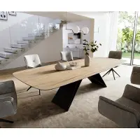 DELIFE Esstisch Edge Boot 300x120 cm Keramik Laminam Sabbia Eichefarbig V-Gestell Flachstahl Schwarz
