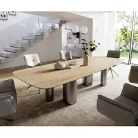 DELIFE Esstisch Edge Boot 300x120 cm Keramik Laminam Sabbia Eichefarbig Pilier Edelstahl Graphit