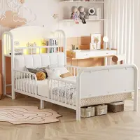 Flieks Kinderbett 90x200cm mit Led, Metallbett Einzelbett mit Ablage, Metall Kinderbett mit Rausfallschutz und Lattenrost, Klassisches Bett Weiß