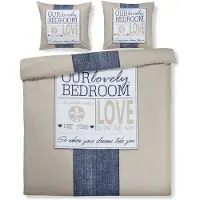 Padiro Bettwäsche-Set 2-teilig für 1 Person - 135 x 200 cm + 80 x 80 cm - Baumwolle - Beige/Blau - Schriftprint in Denim-Optik