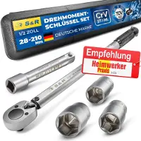 S&R 1/2 Zoll Drehmomentschlüssel Auto Set 28-210 Nm, Drehmomentschlüssel Motorrad 475 mm, Verlängerung 125 mm, 3 Stecknüsse 17, 19, 21 mm; Kfz Reifenschlüssel GS bruchfest Nüsse