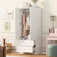 OKWISH Kleiderschrank mit 2 Schubladen, Kinder-Aufbewahrungsschrank mit geräumigem Stauraum, Minimalistisches Design,Weiß