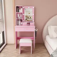 Great han Schminktisch-Set B60/H131.5/T38cm Rosa mit Spiegel und verstellbarer LED-Beleuchtung, Steckdose, Haartrockner-Halterung, Schubladen und Hocker