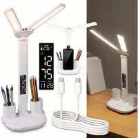 LUMILED Dual Arm LED Schreibtischlampe Dimmbar 3 Lichtfarben Display mit Uhr Datum Temperatur USB-C Handyhalter Stiftehalter Weiß Tischlampe Leselampe