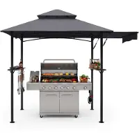 Costway Grillpavillon mit ausziehbarer Seitenmarkise, 2 Seitenregalen & 8 Haken, Pavillon wetterfest, Grillunterstand Grillüberdachung, 247x150x254cm