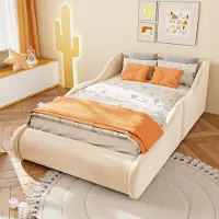 Flieks Kinderbett 90x200cm mit Rausfallschutz, Polsterbett Bodenbett mit Lattenrost & Kopfteil, Gepolstertes Einzelbett Holzbett mit Samtbezug, Beige