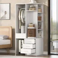 OKWISH Multifunktional Kleiderschrank mit Kleiderstangenteil und Schubladen, Eingangsschrank mit mehreren Ablagefächern,Viel Stauraum,Weiß
