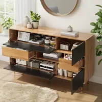 Merax Sideboard mit 2 Schubladen, Kommode mit offenen Mittelfach und Klapp- & Seitentüren, Wohnzimmerschrank aus MDF + PB, Stauraumschrank, Schwarz