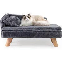 Costway Katzensofa Luxus, Katzenbett erhöht, Katzencouch mit 2 abnehmbaren Kissens, Rückenlehne & Holzbeinen, Katzensessel Hundesofa Haustiersofa Grau