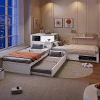 Flieks L-förmiges Plattformbett Holzbett 90x200cm mit Ausziehbett 90x190cm, Kinderbett Bodenbett mit Led und Staufach, Funktionsbett Weiß