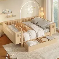 Flieks Kinderbett 140x200cm mit 2 Schubladen, Kinder Holzbett mit Rausfallschutz und Lattenrost, Plattformbett Doppelbett mit Schutzgitter, Holzfarbe
