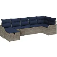 vidaXL Sofa Set mit Kissen Grau und Marineblau Poly-Rattan