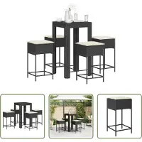 The Living Store 5-tlg. Gartenbar-Set mit Kissen Schwarz Poly Rattan
