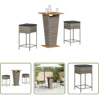 The Living Store 3-tlg. Gartenbar-Set mit Kissen Grau Poly Rattan