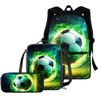 Sonstiges Schultaschen-Set 3-teilig für Jungen & Mädchen mit Lunchbox & Federmäppchen, Flame Football Green