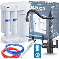 ARI 3-Wege-Küchenarmatur Retro 2, Schwarz Matt, Spültischarmatur Im Set Mit Aquaphor Morion 101S Ro Wasserfiltersystem, Untertischanlage
