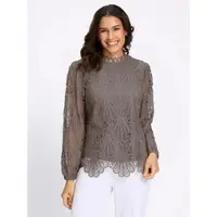 Lady Spitzenbluse , Damen, Gr. 52, braun (taupe), 100% Polyester, unifarben, Blusen Spitzenbluse
