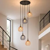 ZMH Pendelleuchte 5 Flammig Hängelampe Treppenhaus 160cm Glas Hängeleuchte Wohnzimmer Höhenverstellbar für Villa Esstisch Esszimmer Schlafzimmer Flur