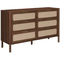 Sweeek - Vintage Kommode mit Holzdekor und Flechtwerk, 6 Schubladen - Nussbaumfarben