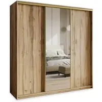 Masseno Schiebetürenschrank TAVI 180/205/60 cm Kleiderschrank mit 4 Schubladen Schlafzimmer Schrank 3-türig mit Spiegel Eiche Wotan