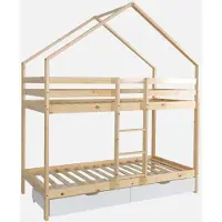 Sweeek - Kinder-Etagenbett Hausbett 90 x 190 cm aus naturbelassenem Kiefernholz mit Schubkästen - Weiß