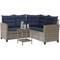 vidaXL Gartensofa in L-Form mit Tisch und Kissen Grau Poly Rattan