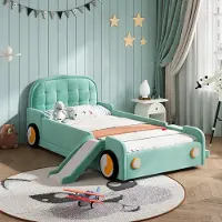 Ulife Abenteuer Kinderbett mit Rutsche und Treppe, beidseitig montierbar, komfortables Polsterbett , Spielbett mit Schutz – in Blaugrün Maße: 90x200 cm
