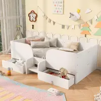 Flieks Kinderbett 90x200cm mit 2 Schubladen, Kinder Schlafsofa Tagesbett mit Rausfallschutz und Lattenrost, Holzbett Hochbett mit Treppe, Weiß