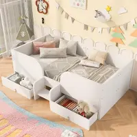 MODFU Kinderbett 90×200 mit 2 Schubladen, Einzelbett Bettgestell mit hohen Seitengittern, Jugendbett mit Sicherheitsleiter,Holzbett ohne Matratze,Weiß